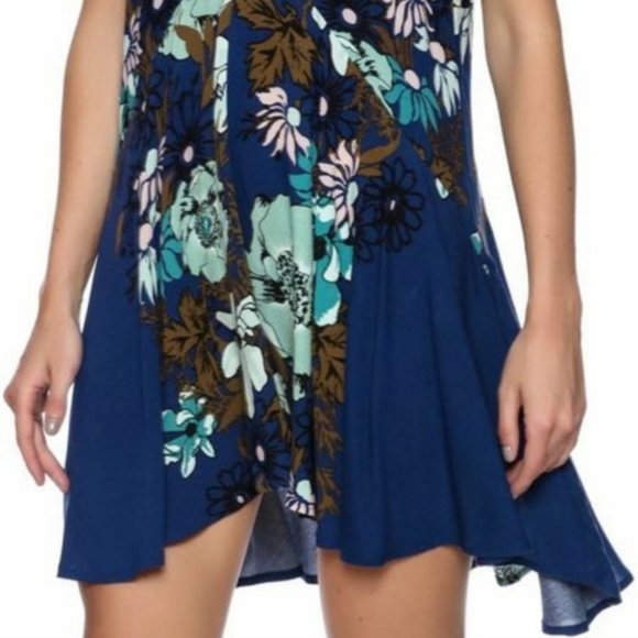FREE PEOPLE Backyard Party Ocean Blue Tunic Dress EUC Backyard Print sz S - Picture 12 of 14